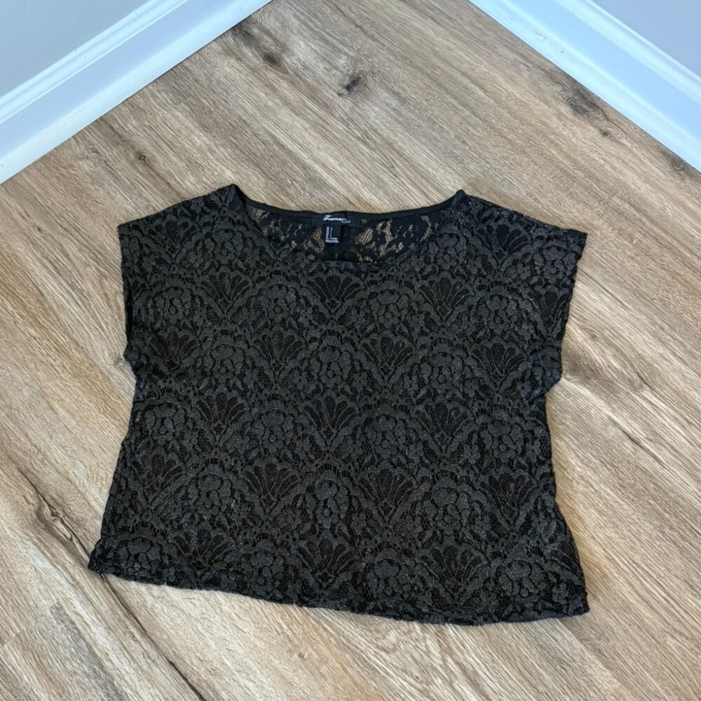 Black Cropped Lace Top with Metallic Gold Sheen | Size L
